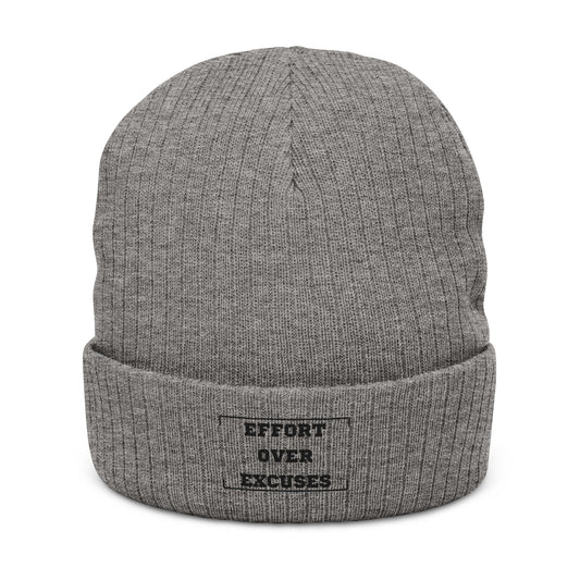Effort Over Excuses Ribbed Knit Beanie — Embroidered Motivational Winter Hat