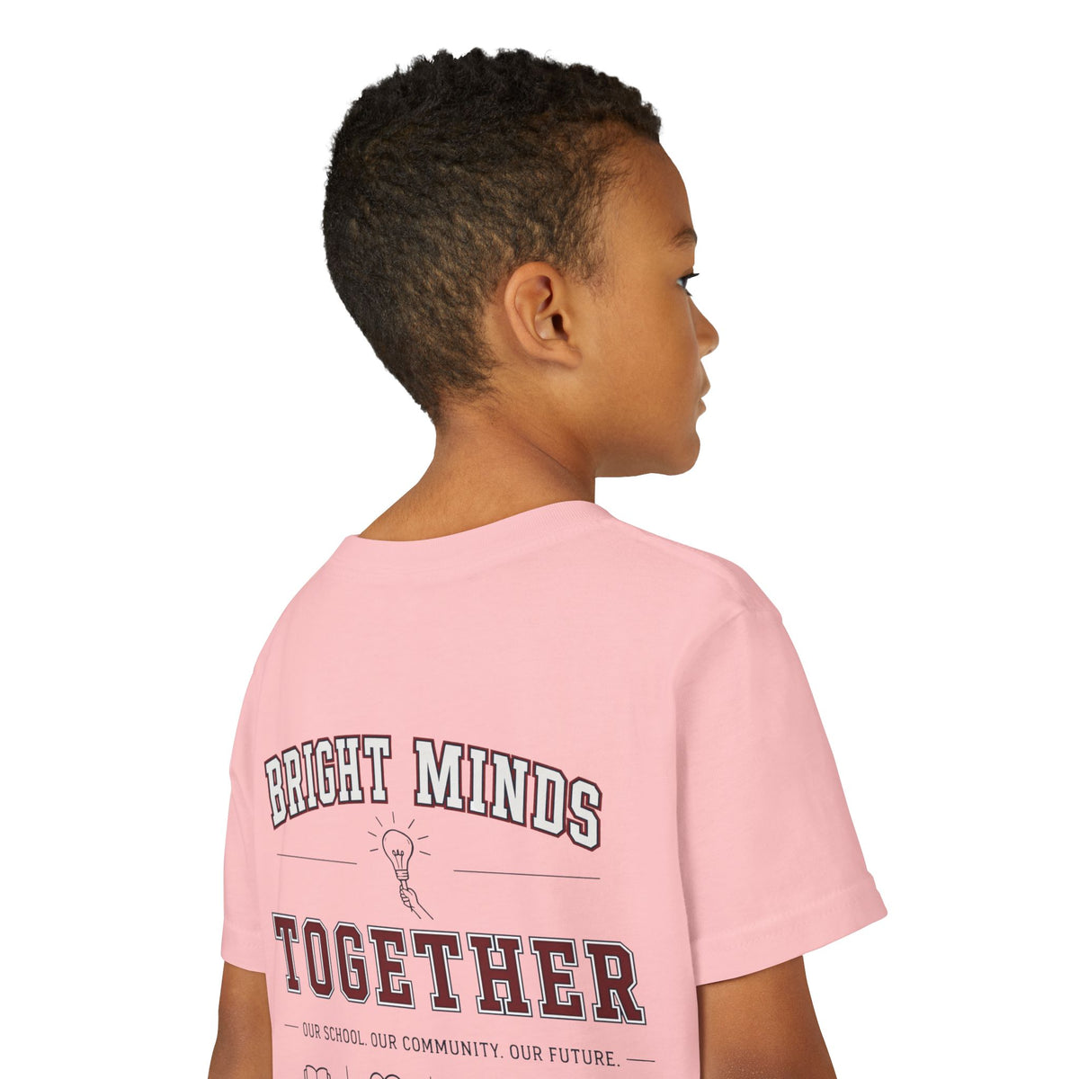 Bright Acres Bright Minds Together Youth Tee — Pink, back detail on model