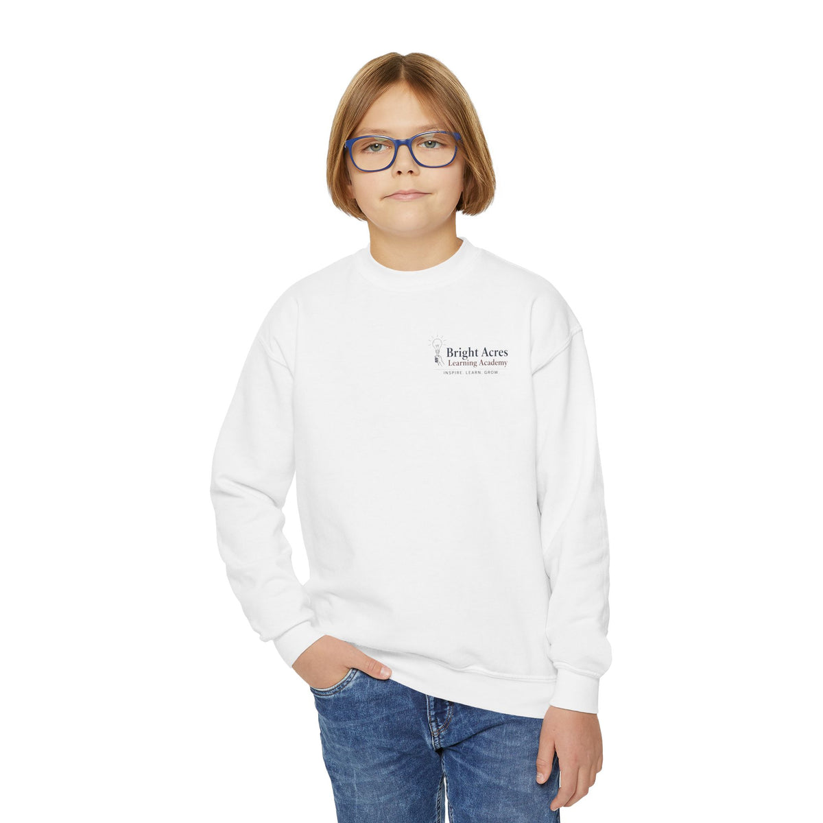 Bright Acres Community Youth Crewneck — White, front on model