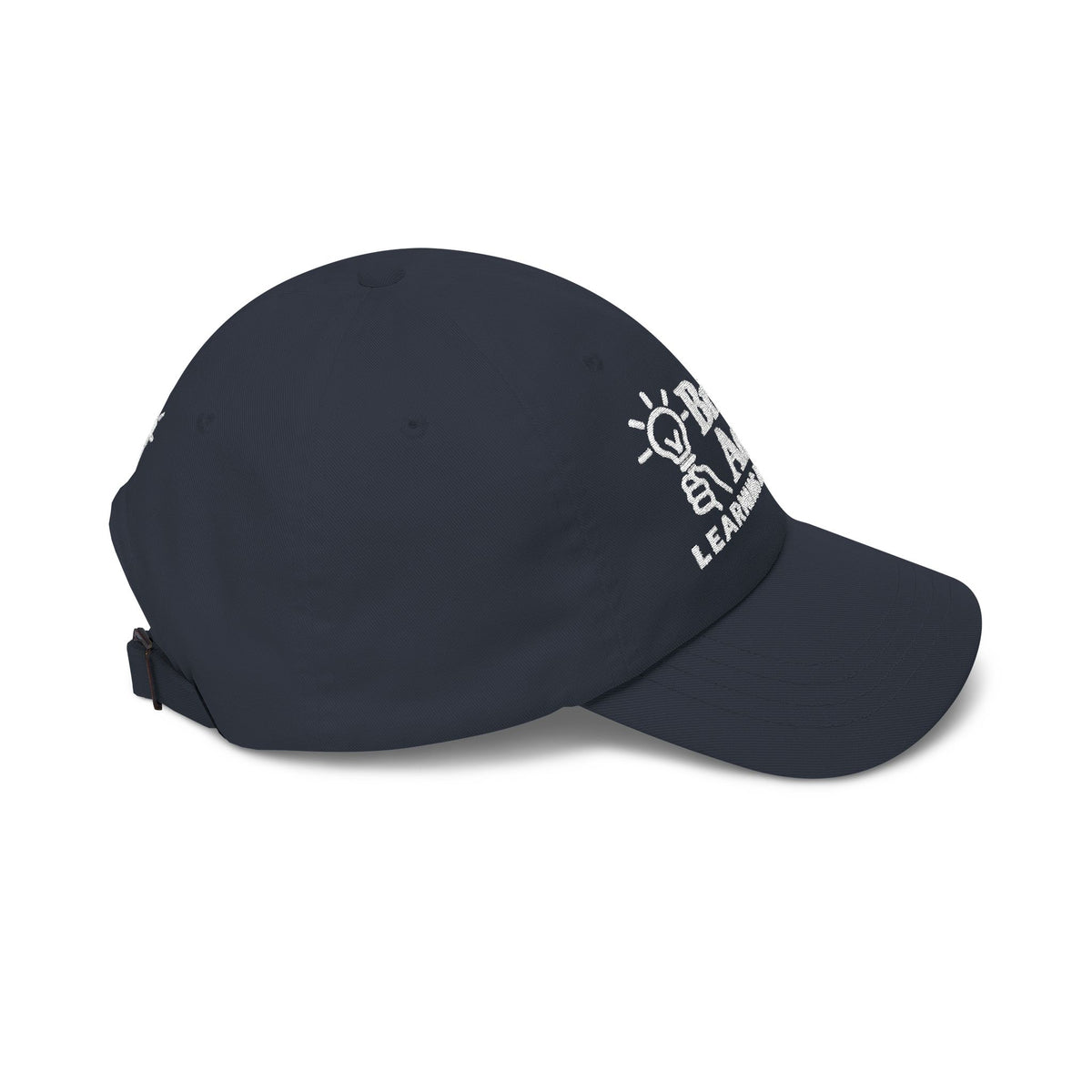 Bright Acres navy embroidered dad cap, left side