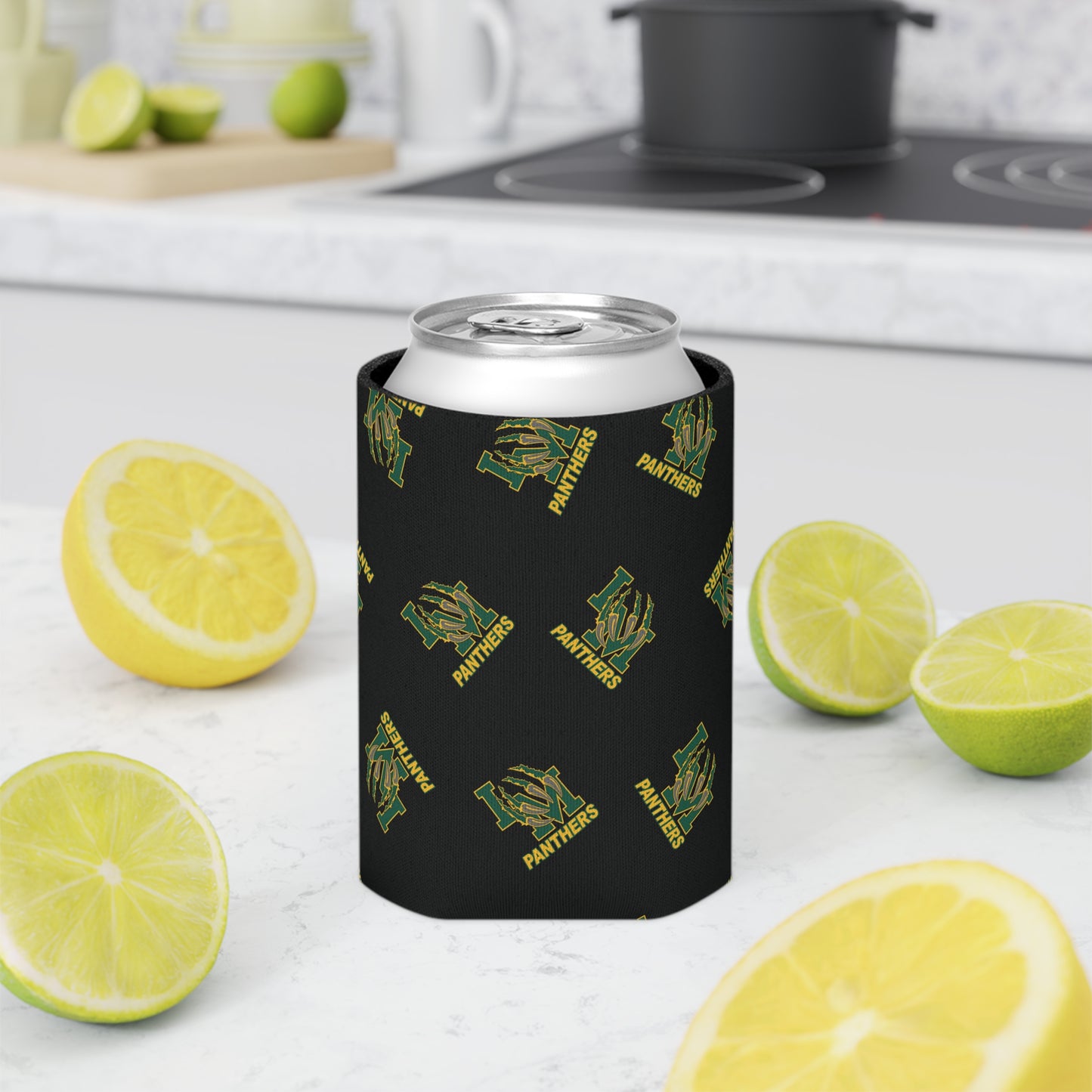 Panthers Logo Can Cooler — Black Team Pattern Beverage Koozie (Game Day for Parents)