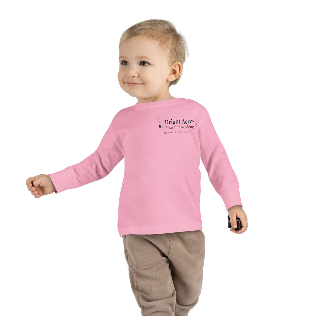 Bright Acres Bright Minds Together Toddler Long Sleeve — Pink, front on model