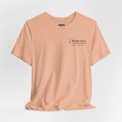 Bright Acres Bright Minds Together Adult Tee — Heather Peach, front hanging