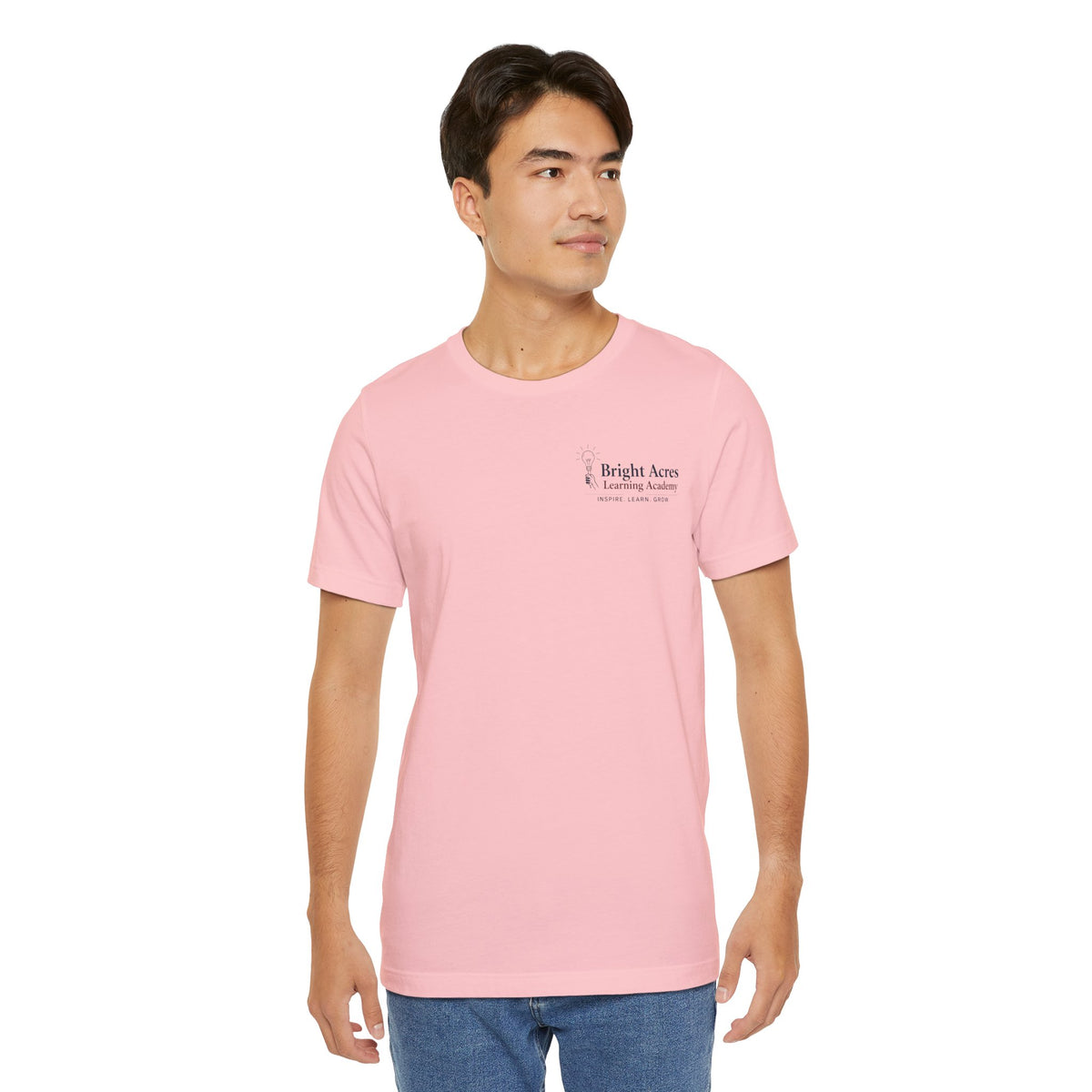 Bright Acres Collegiate Adult Tee — Pink, front on model