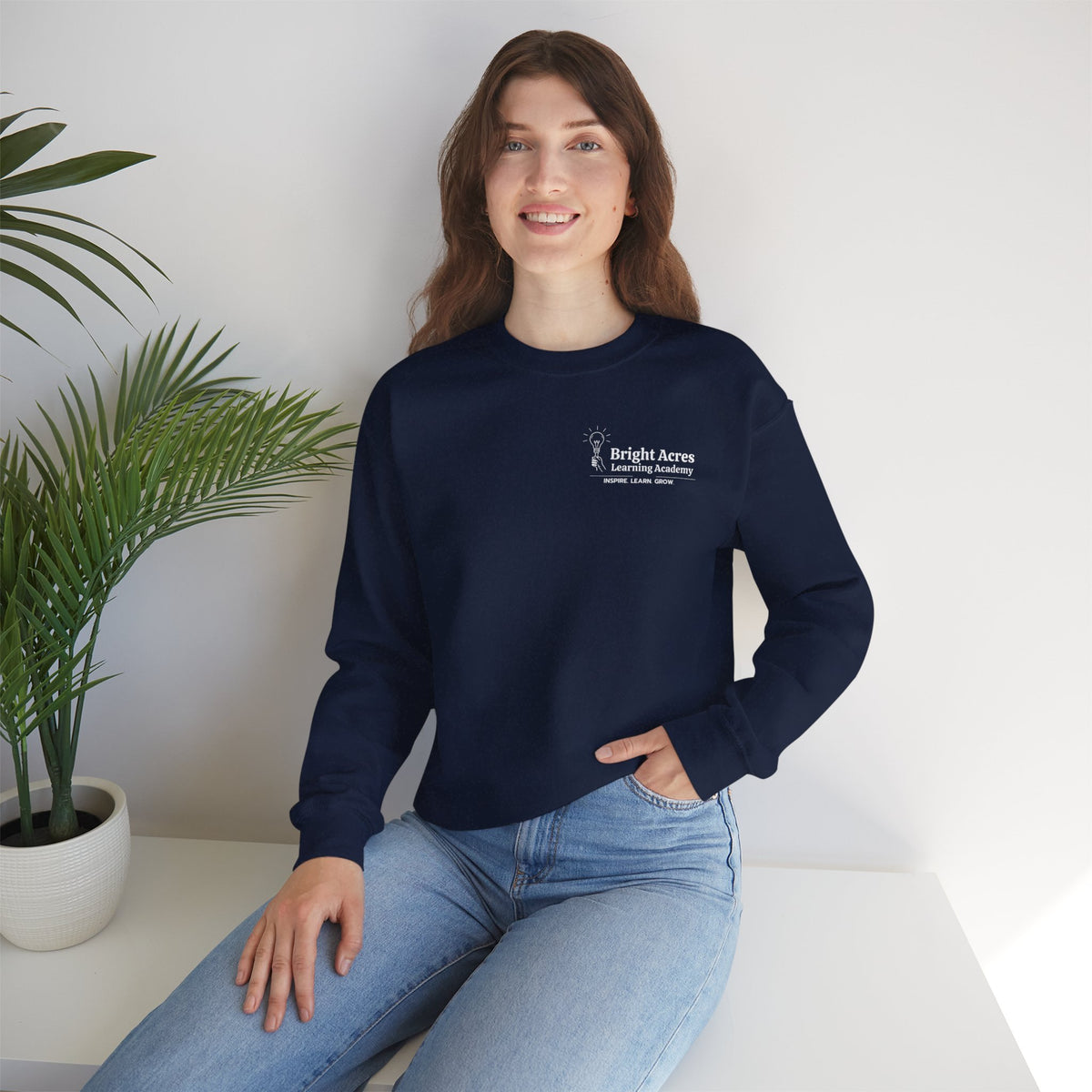 Bright Acres Bright Minds Together Classic Adult Crewneck — Navy, front on model