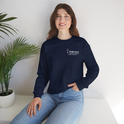 Bright Acres Bright Minds Together Classic Adult Crewneck — Navy, front on model