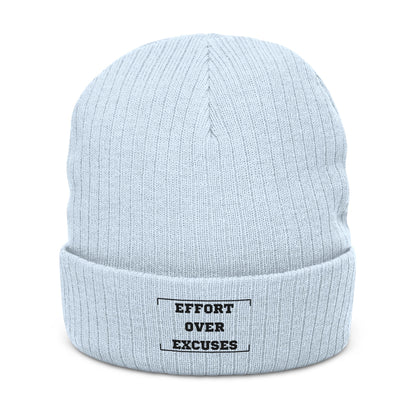 Effort Over Excuses Ribbed Knit Beanie — Embroidered Motivational Winter Hat