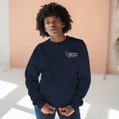 Bright Acres Bright Minds Together Fleece Adult Crewneck — Navy, front on model