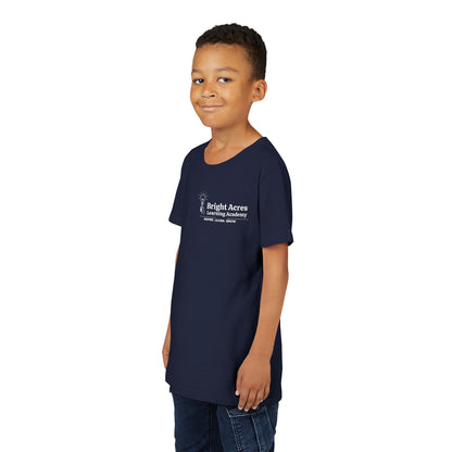 Bright Acres Bright Minds Together Youth Tee — Navy, front on model