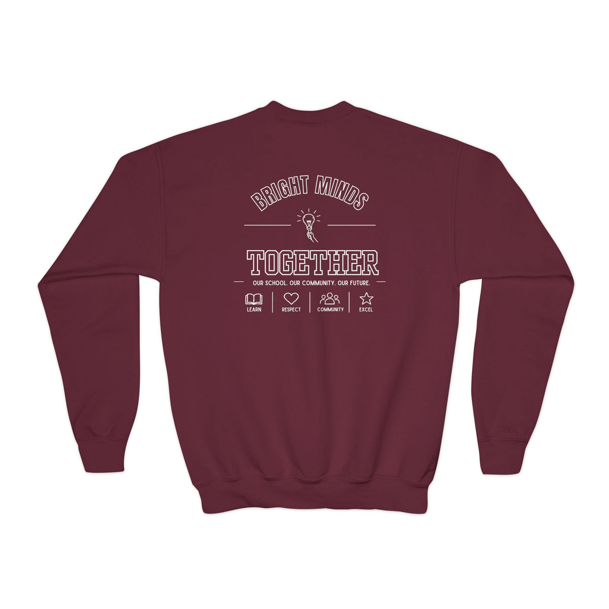 Bright Acres Bright Minds Together Youth Crewneck — Maroon, back