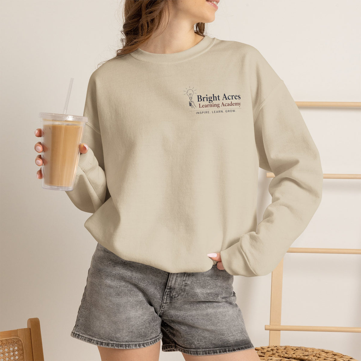 Bright Acres Bright Minds Together Classic Adult Crewneck — Sand, front on model