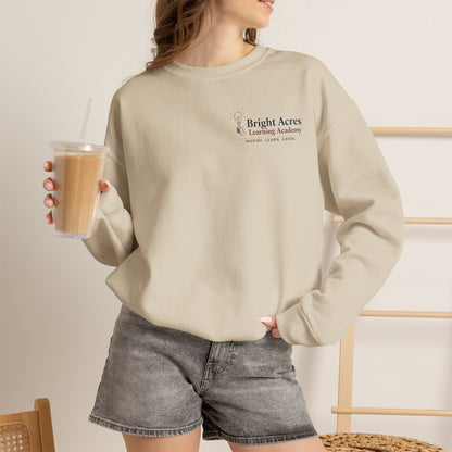 Bright Acres Bright Minds Together Classic Adult Crewneck — Sand, front on model