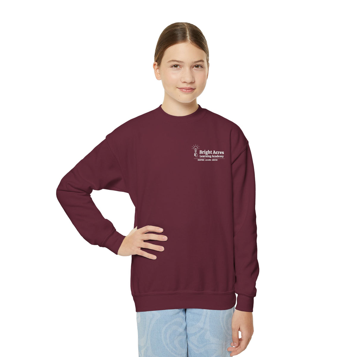 Bright Acres Bright Minds Together Youth Crewneck — Maroon, front on model
