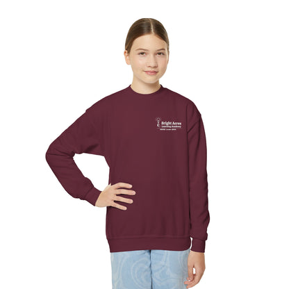 Bright Acres Bright Minds Together Youth Crewneck — Maroon, front on model