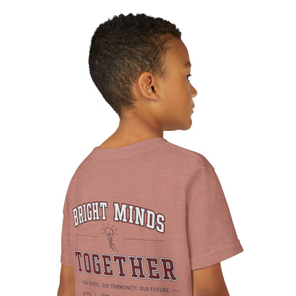 Bright Acres Bright Minds Together Youth Tee — Heather Mauve, back detail on model
