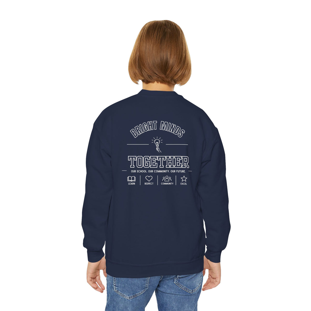Bright Acres Bright Minds Together Youth Crewneck — Navy, back on model