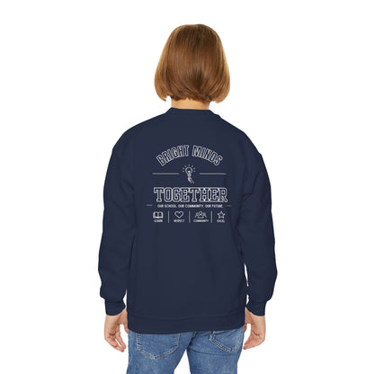 Bright Acres Bright Minds Together Youth Crewneck — Navy, back on model