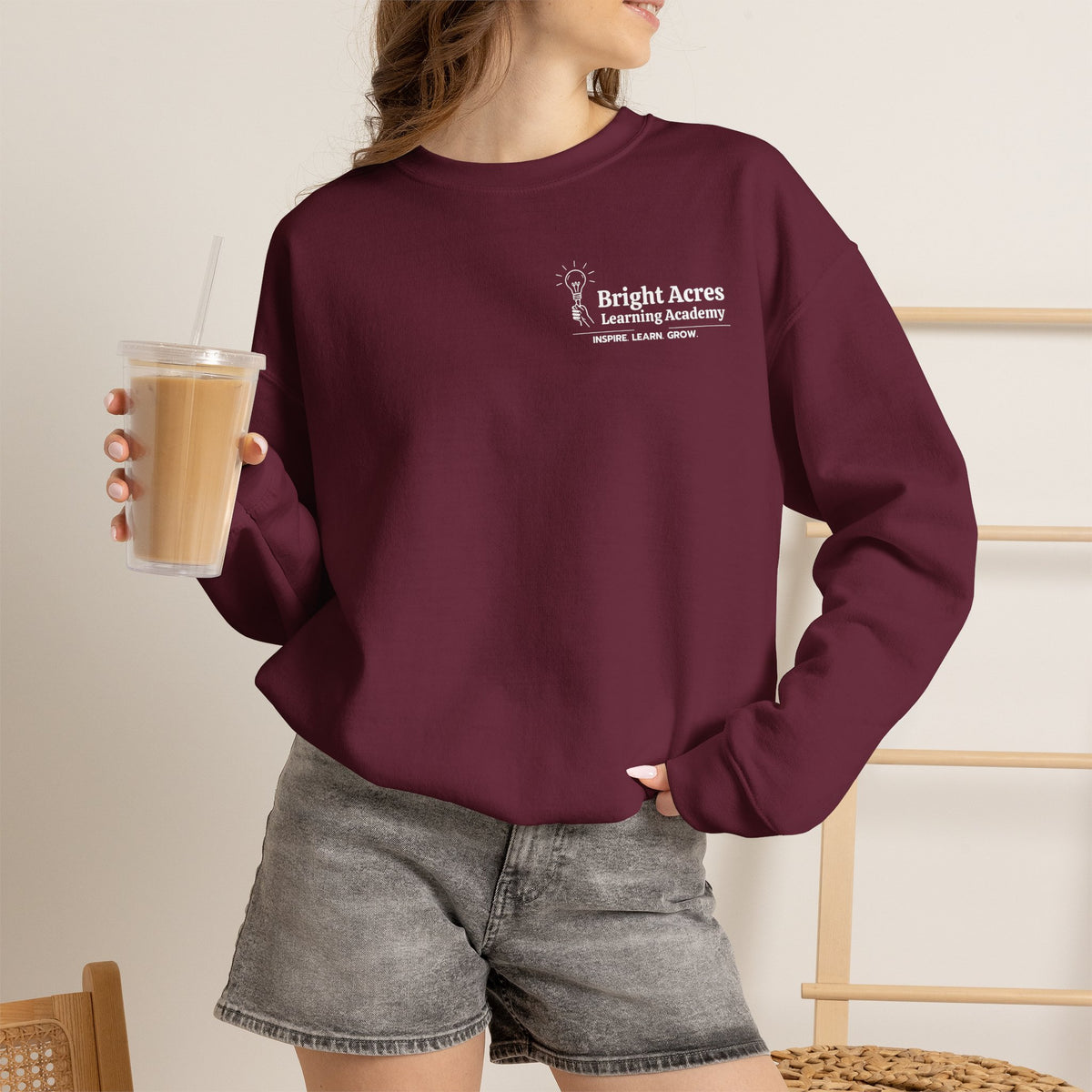 Bright Acres Bright Minds Together Classic Adult Crewneck — Maroon, front on model