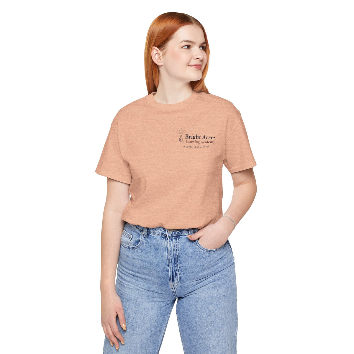 Bright Acres Bright Minds Together Adult Tee — Heather Peach, front on model