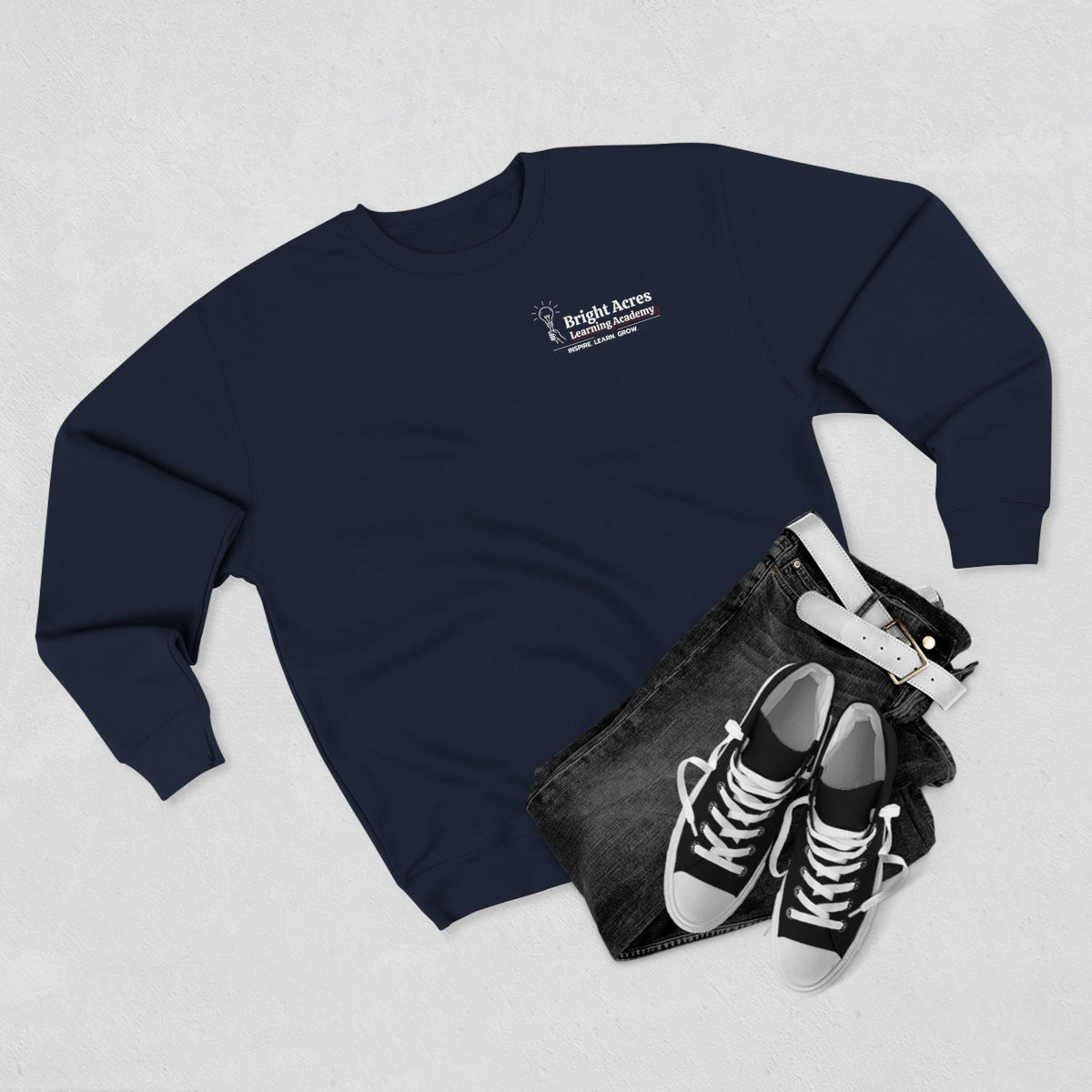 Bright Acres Bright Minds Together Fleece Adult Crewneck — Navy, styled flat lay