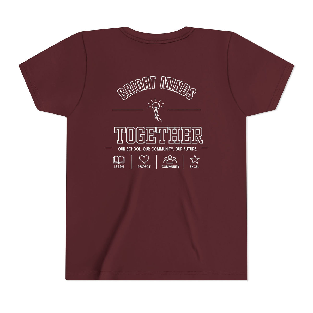 Bright Acres Bright Minds Together Youth Tee — Maroon, back