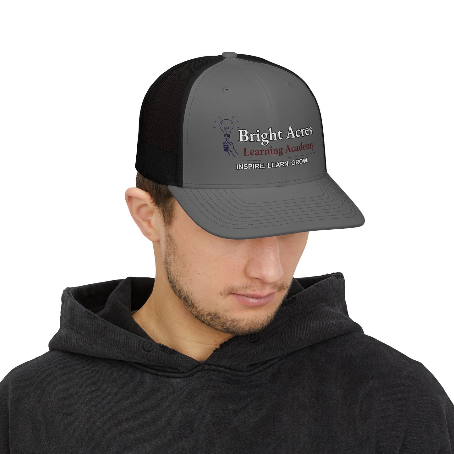 Bright Acres Learning Academy Snapback Trucker Cap — Inspire Learn Grow Embroidered School Hat