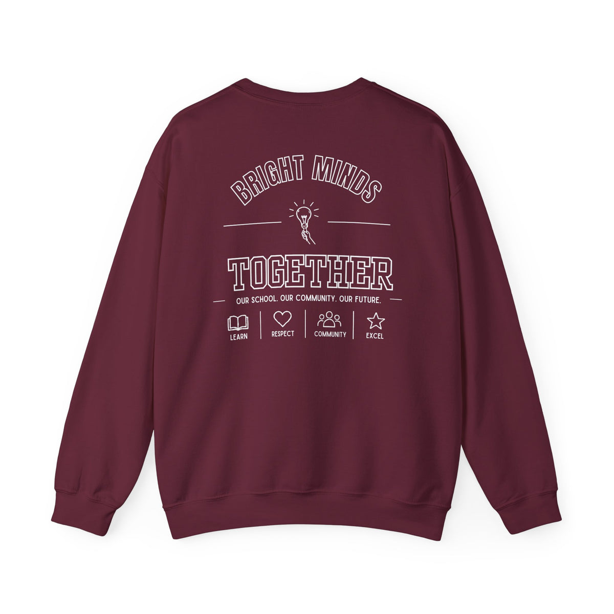 Bright Acres Bright Minds Together Classic Adult Crewneck — Maroon, back