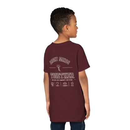 Bright Acres Bright Minds Together Youth Tee — Maroon, back on model