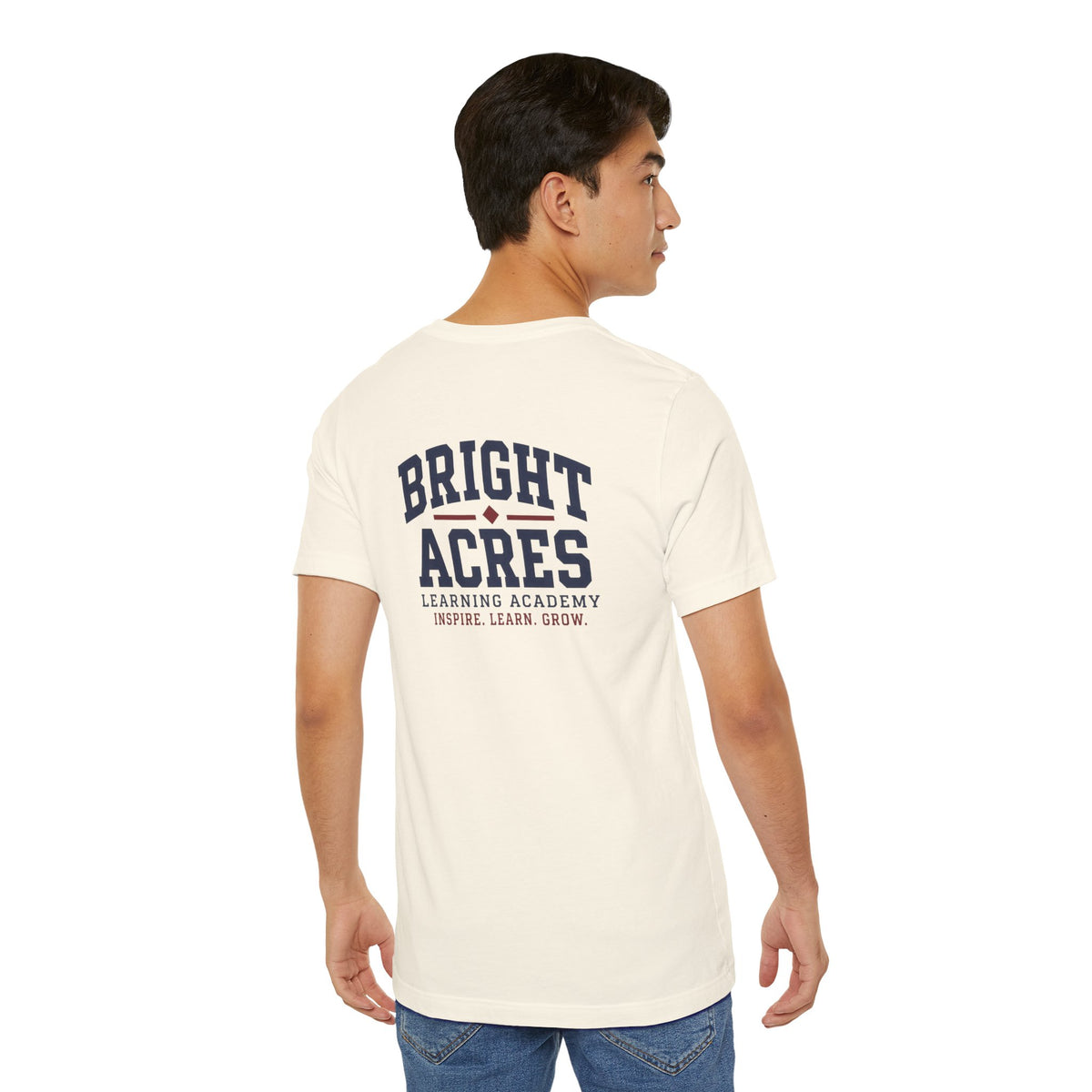 Bright Acres Collegiate Adult Tee — Natural, back on model