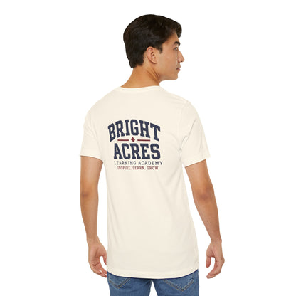 Bright Acres Collegiate Adult Tee — Natural, back on model