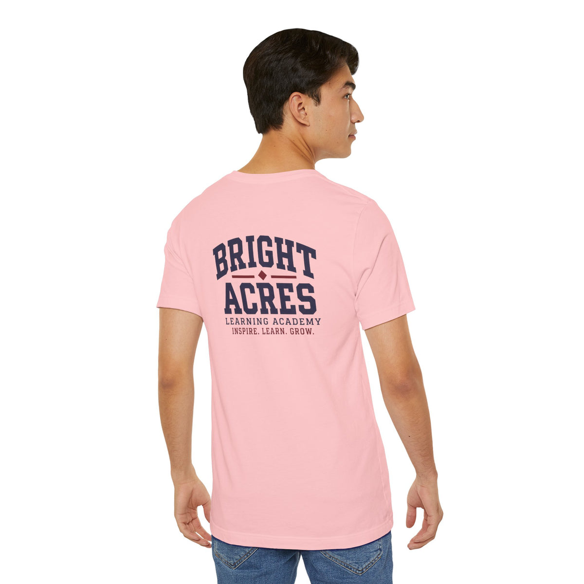 Bright Acres Collegiate Adult Tee — Pink, back on model