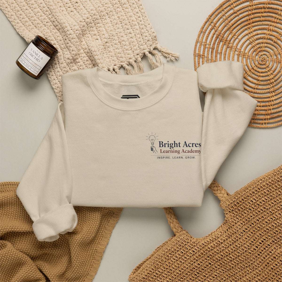 Bright Acres Bright Minds Together Classic Adult Crewneck — Sand, styled front