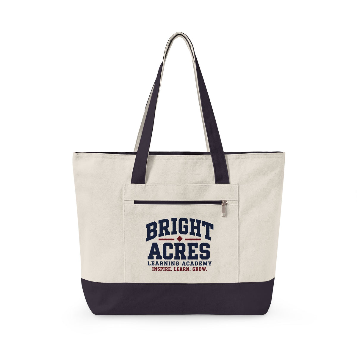 Bright Acres canvas tote in Natural/Navy, collegiate design on front zip pocket