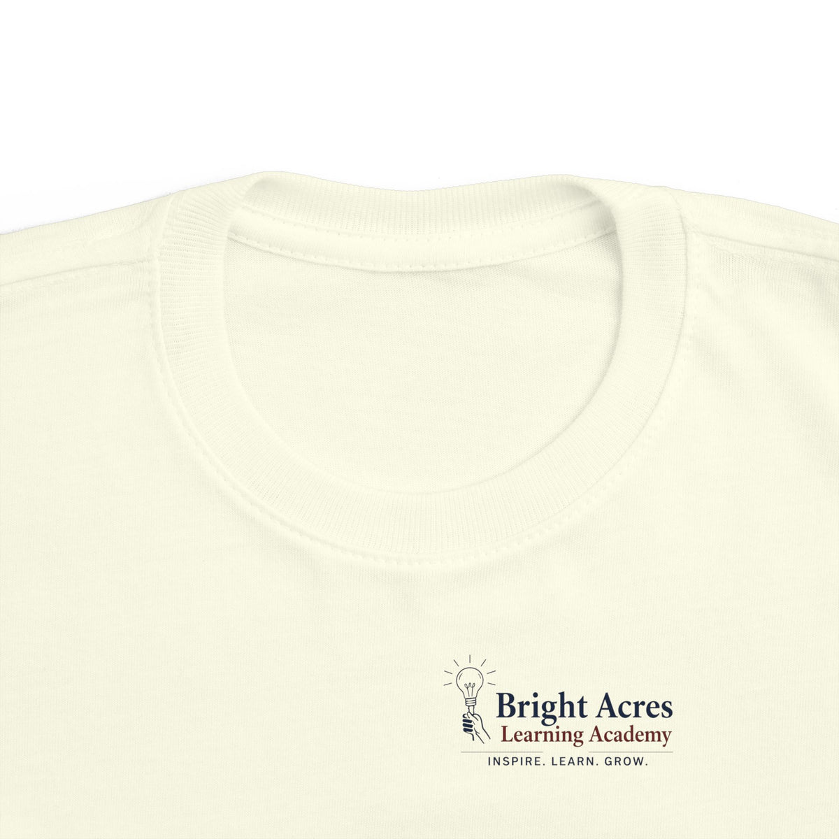 Bright Acres Bright Minds Together Toddler Tee — Natural, chest logo detail
