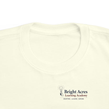 Bright Acres Bright Minds Together Toddler Tee — Natural, chest logo detail