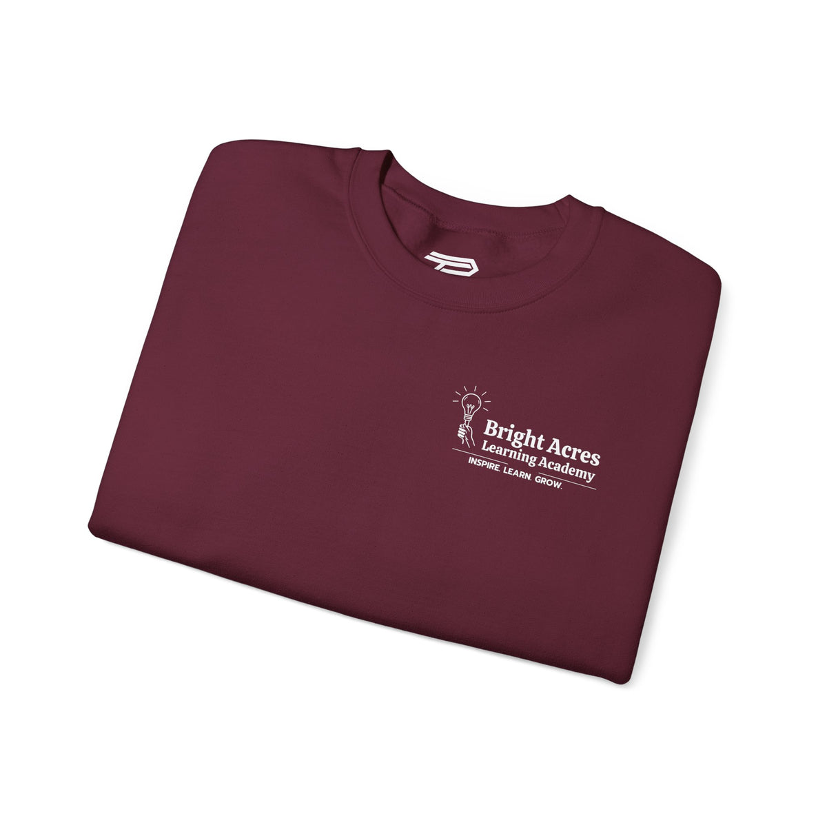 Bright Acres Bright Minds Together Classic Adult Crewneck — Maroon, folded front