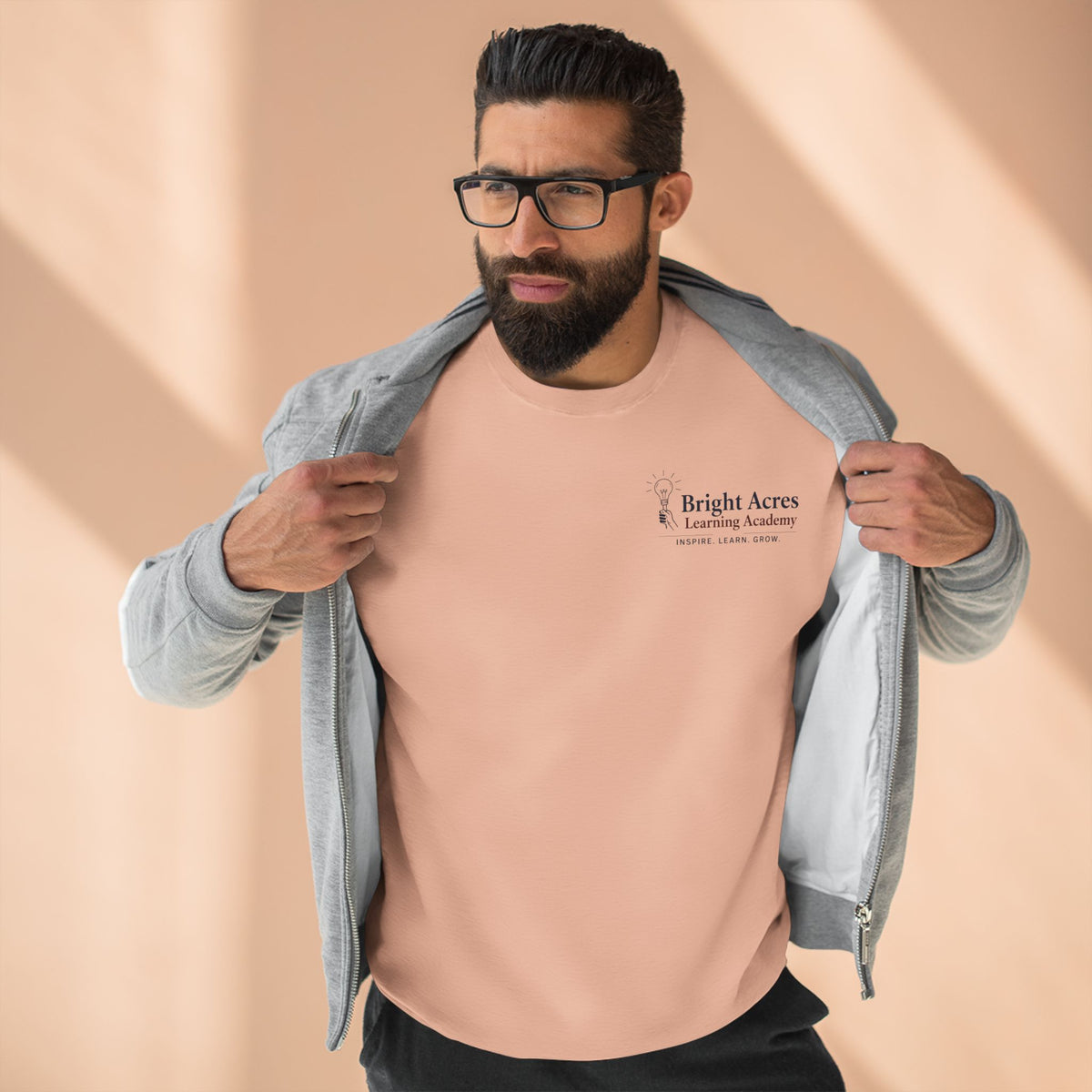 Bright Acres Bright Minds Together Fleece Adult Crewneck — Pale Pink, front on model