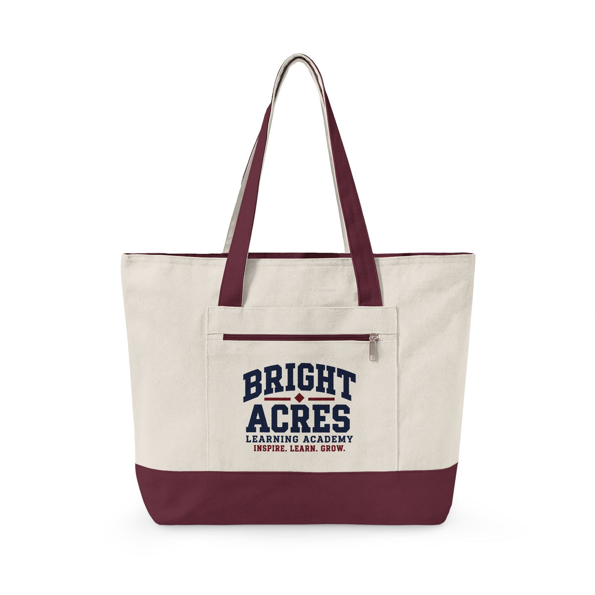 Bright Acres canvas tote in Natural/Maroon, collegiate design on front zip pocket