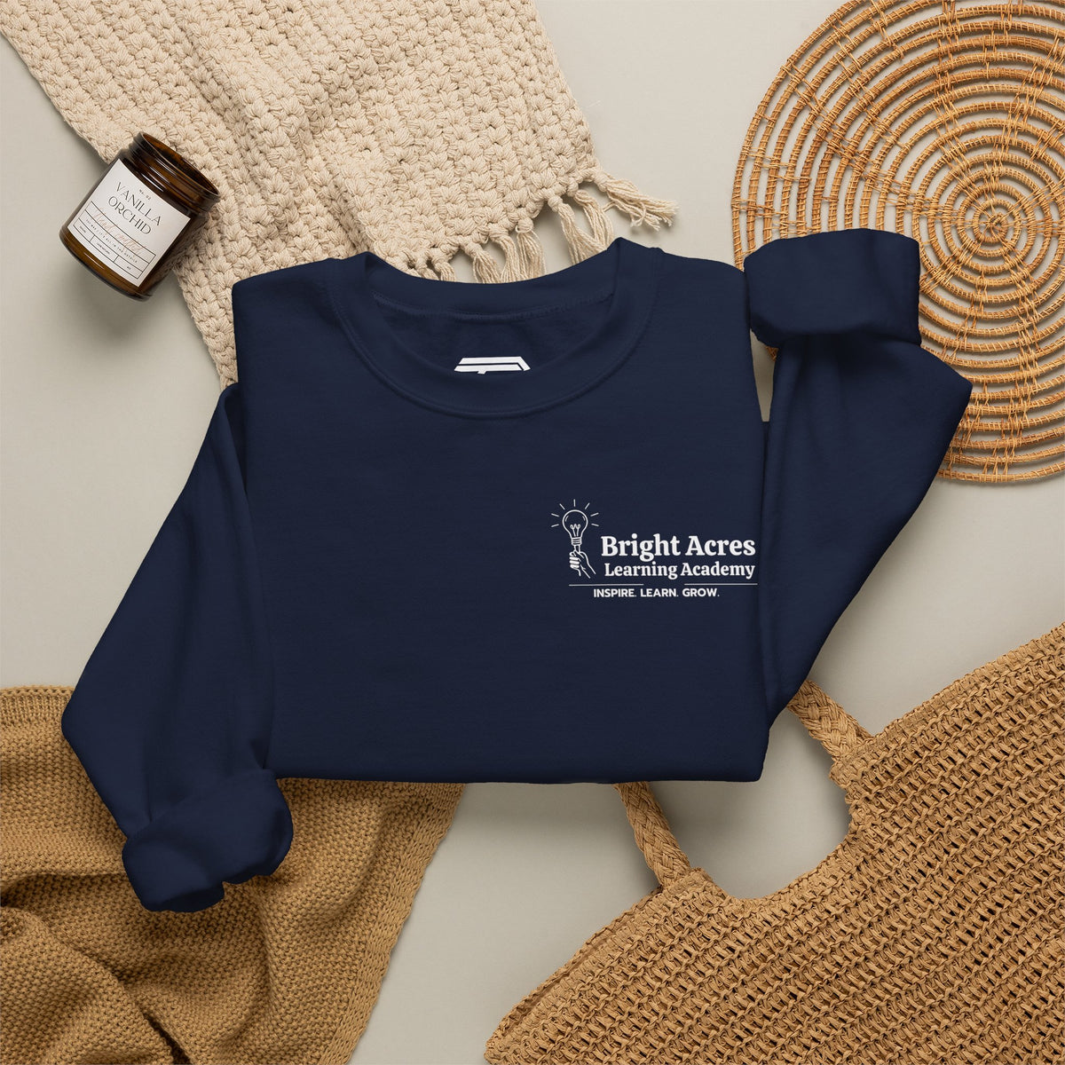 Bright Acres Bright Minds Together Classic Adult Crewneck — Navy, styled front