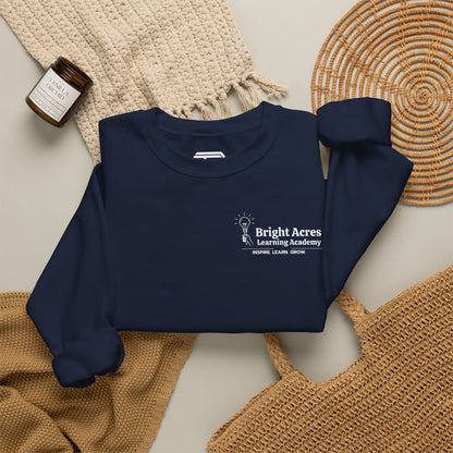 Bright Acres Bright Minds Together Classic Adult Crewneck — Navy, styled front