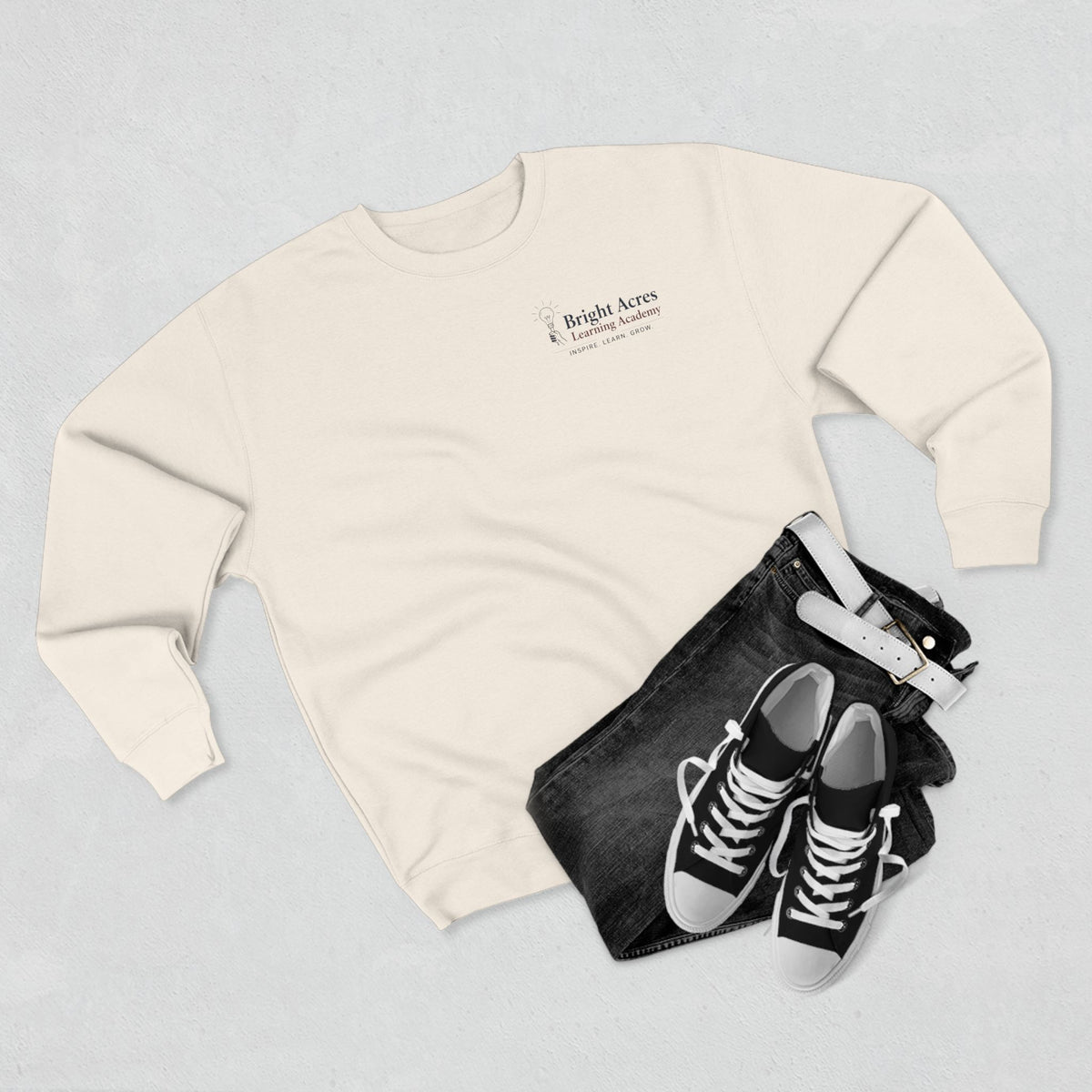 Bright Acres Bright Minds Together Fleece Adult Crewneck — Sandshell, styled flat lay