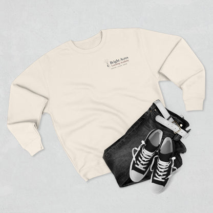 Bright Acres Bright Minds Together Fleece Adult Crewneck — Sandshell, styled flat lay
