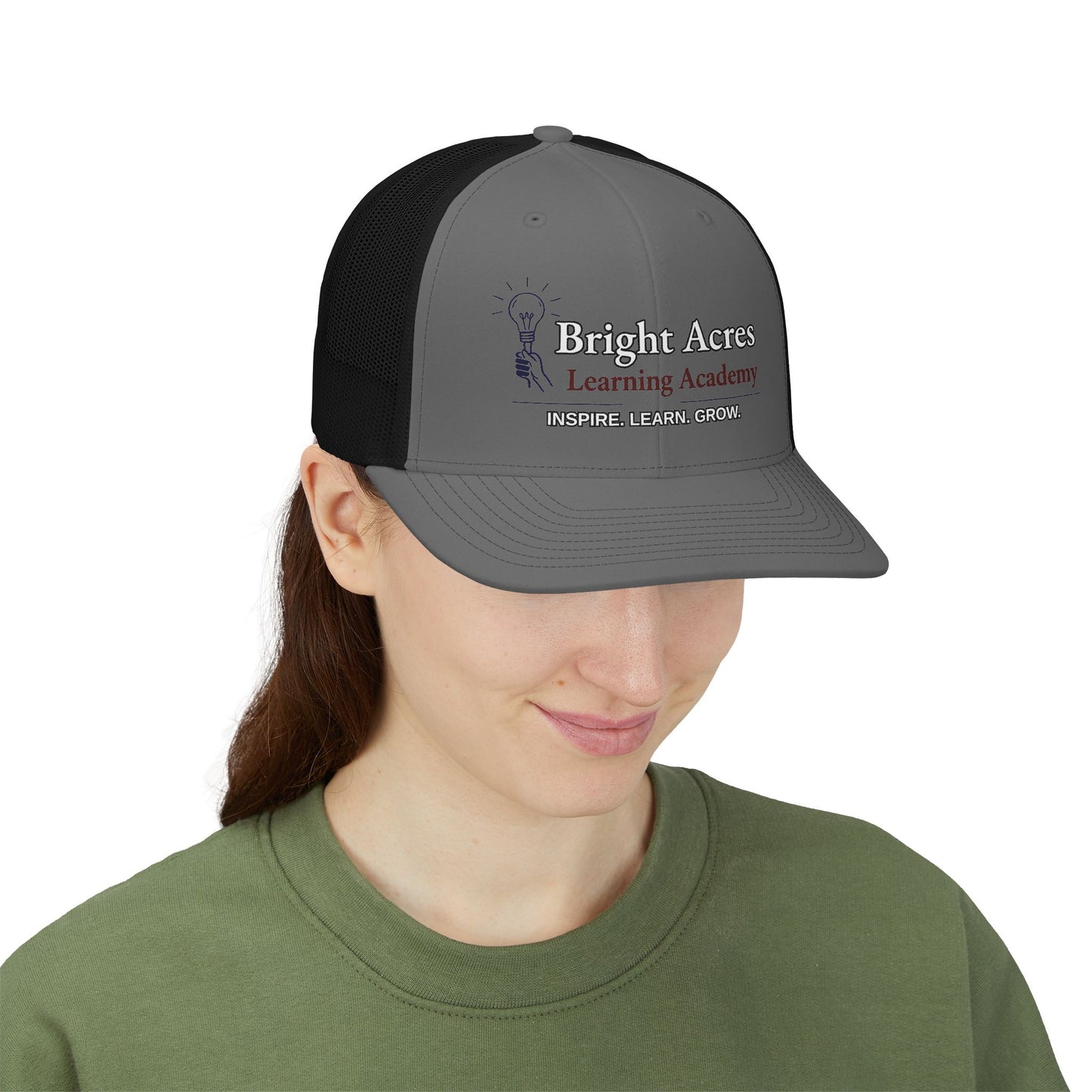 Bright Acres Learning Academy Snapback Trucker Cap — Inspire Learn Grow Embroidered School Hat