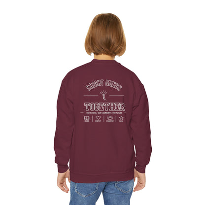 Bright Acres Bright Minds Together Youth Crewneck — Maroon, back on model