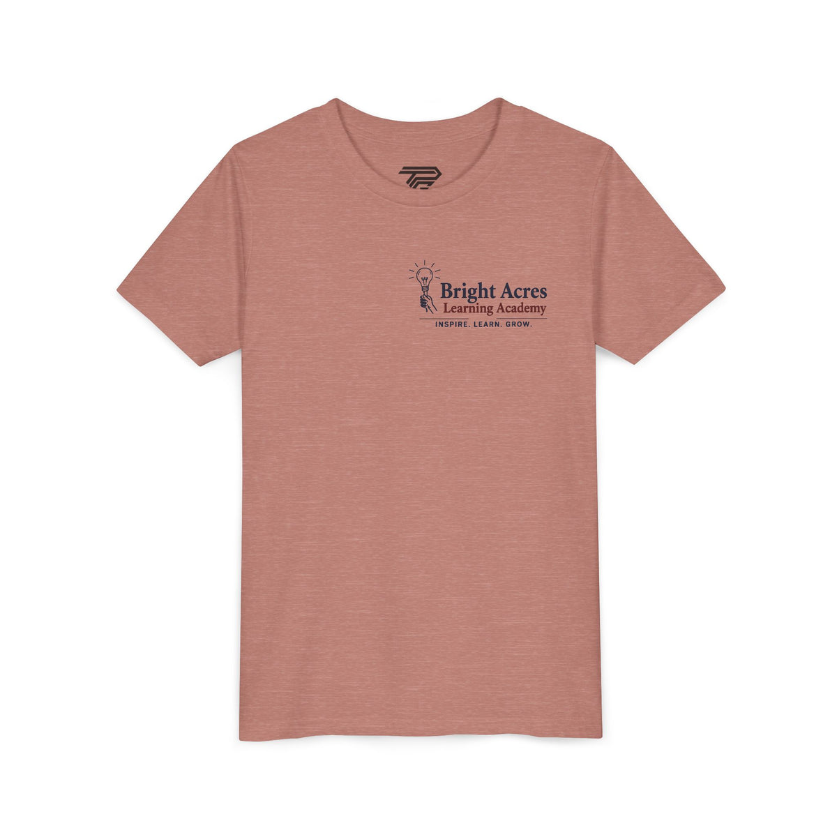 Bright Acres Bright Minds Together Youth Tee — Heather Mauve, front, hanging