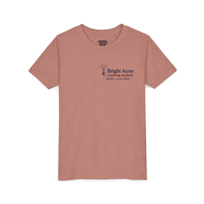 Bright Acres Bright Minds Together Youth Tee — Heather Mauve, front, hanging