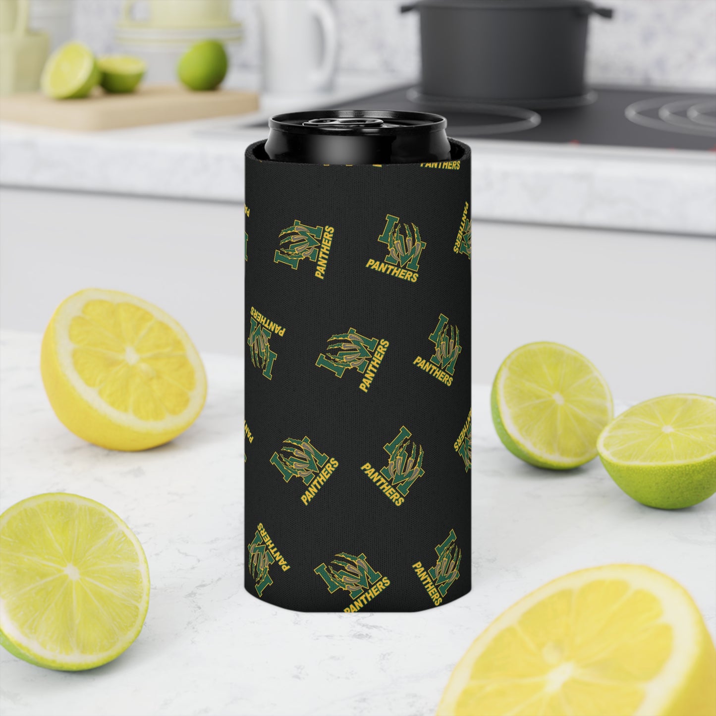 Panthers Logo Can Cooler — Black Team Pattern Beverage Koozie (Game Day for Parents)
