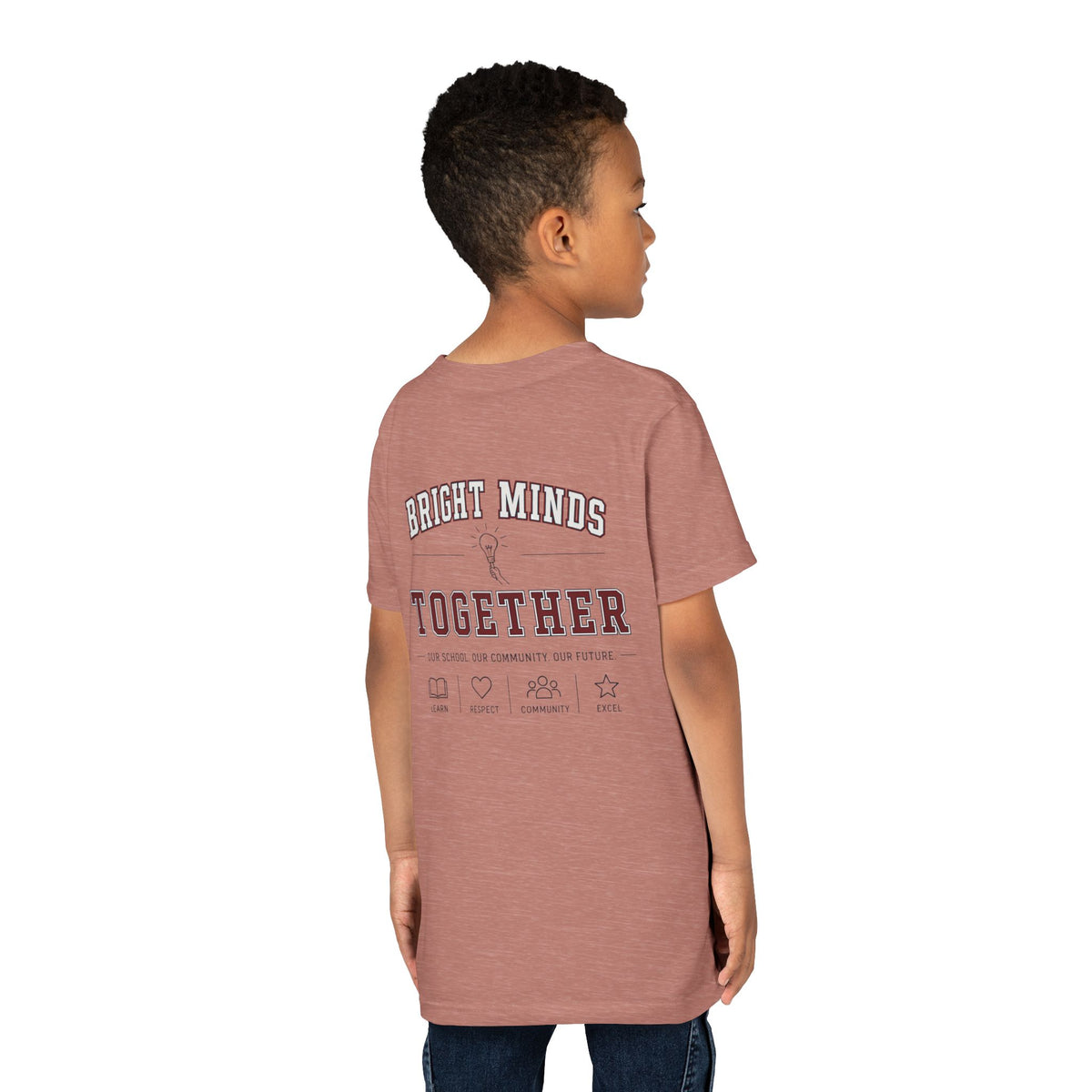 Bright Acres Bright Minds Together Youth Tee — Heather Mauve, back on model