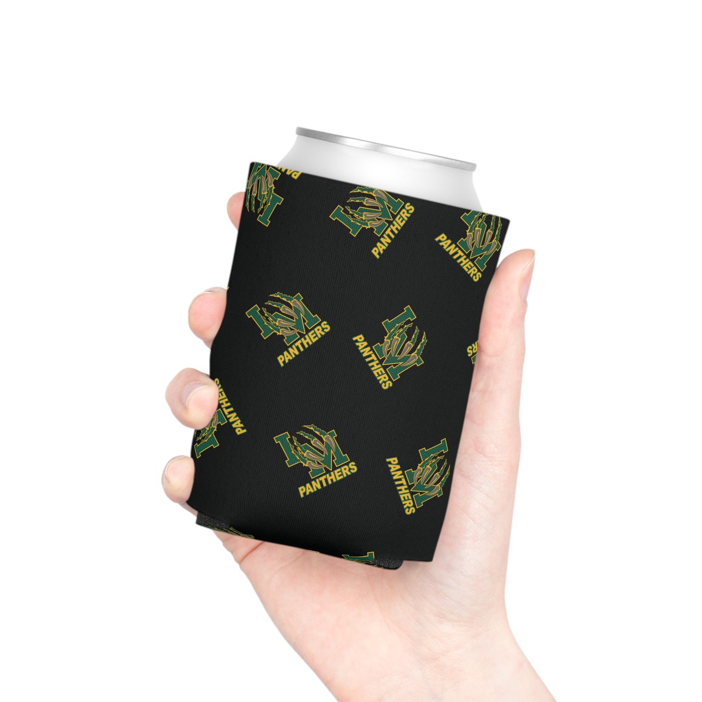 Panthers Logo Can Cooler — Black Team Pattern Beverage Koozie (Game Day for Parents)