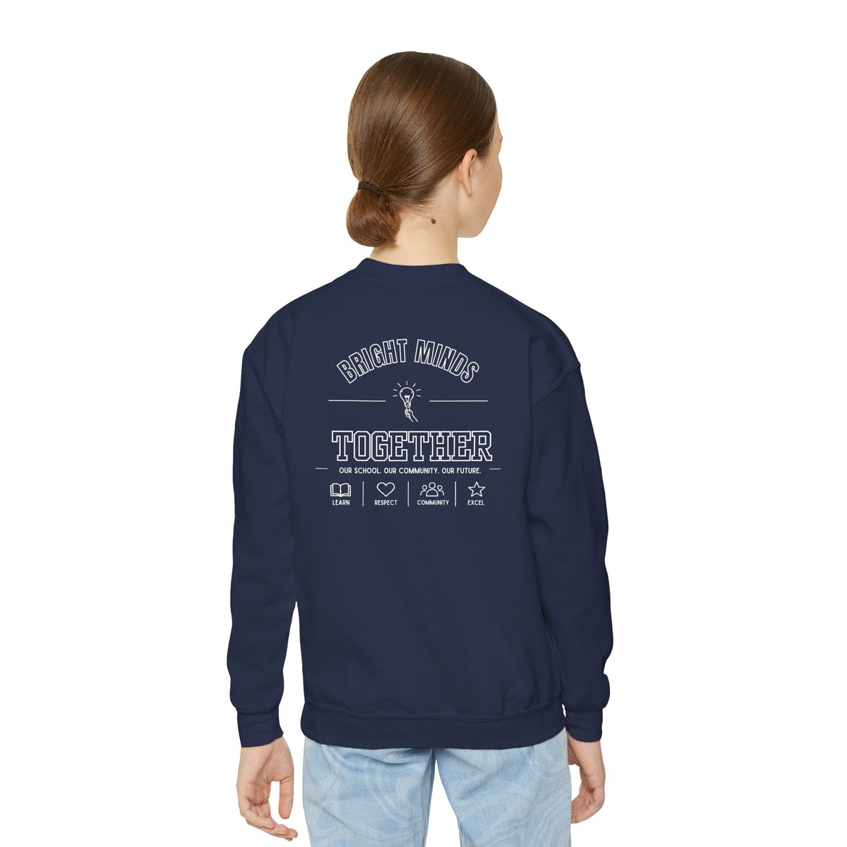 Bright Acres Bright Minds Together Youth Crewneck — Navy, back on model